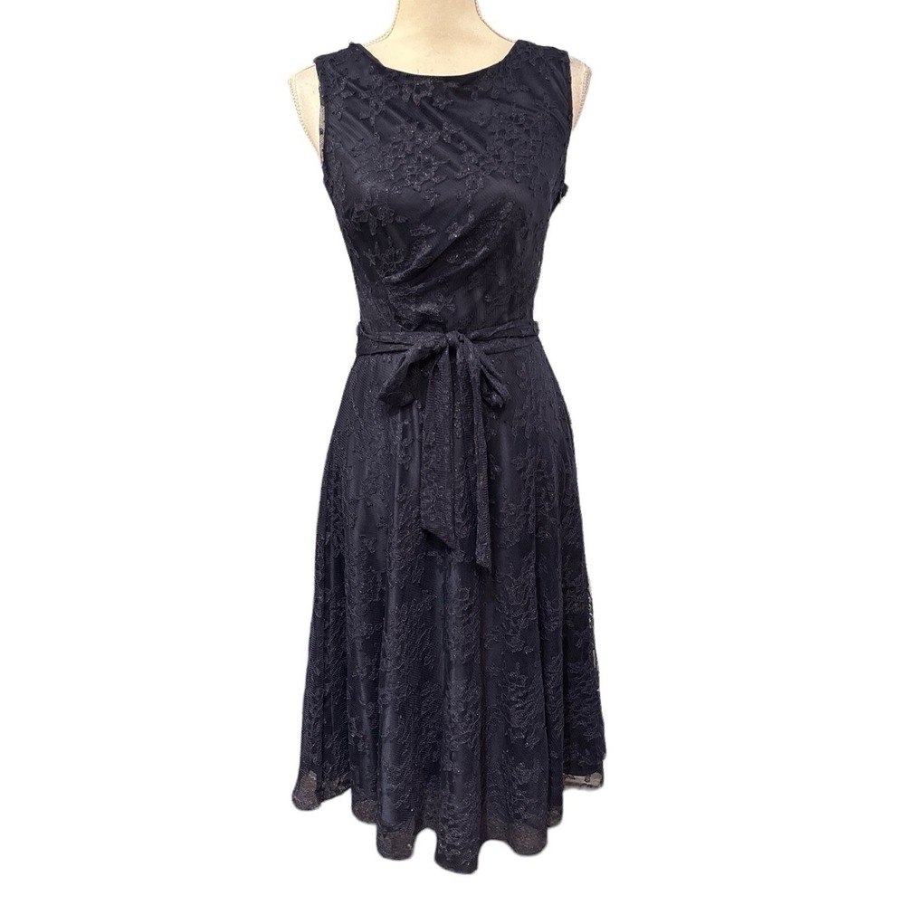 Tahari Dress Blue Lace Overlay A Line Midi Size 4 Sleeveless Gala Wedding Guest‎